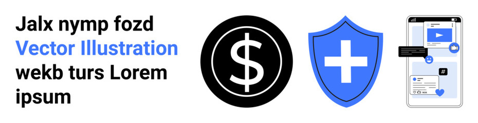 Financial services, healthcare digitalization, mobile applications, online security, transaction management, modern technology. Dollar symbol, healthcare shield, smartphone with user interface