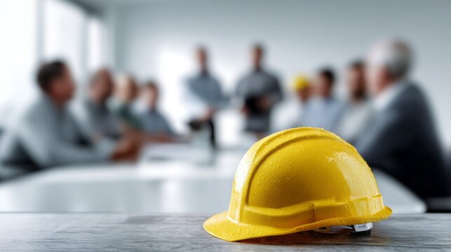 A yellow hard hat lies on a wooden table as construction professionals engage in a discussion. The meeting takes place in a bright office, showcasing teamwork and planning