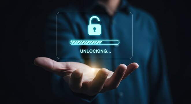 Data Unlocking and Authorization Concept with Progress Bar and Open Padlock Icon