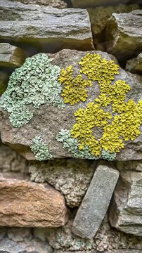 A captivating close-up shot reveals the intricate details of a weathered stone wall, adorned with vibrant patches of green and yellow lichen. The organic growth creates fascinating textures and patter