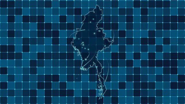 Digital grid map animation of Myanmar, Technology, Communication, Transportation