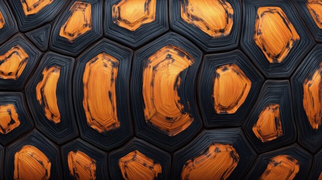 Turtle shell texture with copy space. Close-up turtle pattern. Reptile shell design. Turtle scales. Realistic turtle shell. Turtle design texture. Detailed turtle shell close-up. Wild Animal texture.	