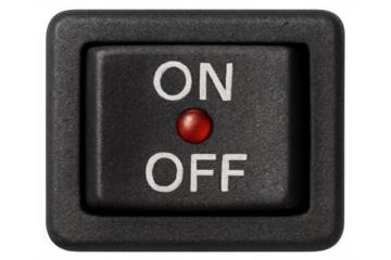 Black plastic rocker switch with on and off text and a red light indicating active power status, on transparent background
