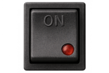 Rocker switch in the on position illuminating a red light indicator, representing power, control, and activation with a transparent background