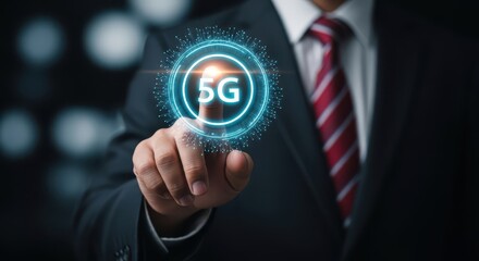 Businessman Touching a Glowing 5G Network Icon for High-Speed Wireless Communication