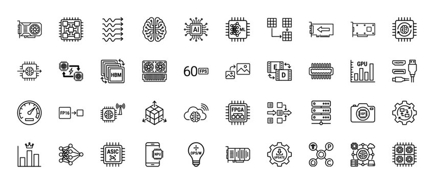 Artificial intelligence hardware line icon set. Vector pictograms of gpu, nvdia, chip, fpga, asic, cpu, and memory, thin linear illustration.