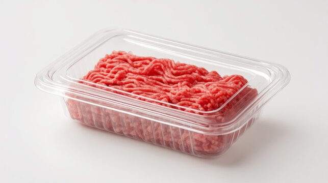 Bright red ground meat is neatly packed in a clear plastic container, showcasing freshness. This kitchen staple is poised for delicious homemade meals - Powered by Adobe