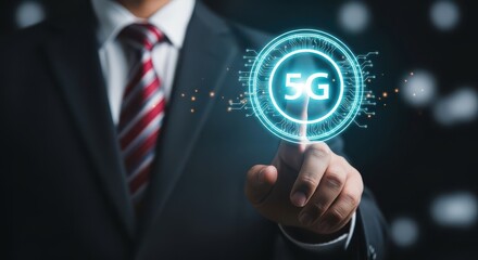 Businessman Touching a Glowing 5G Network Icon for High-Speed Wireless Communication
