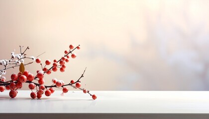 滑らかな雪白の背景に、冬のベリーの枝が縁にそっと置かれた、静かで落ち着いた印象の映像です。
柔らかい光が広い余白を包み、季節のメッセージ、冬の販促、ナチュラル系デザインに適しています。