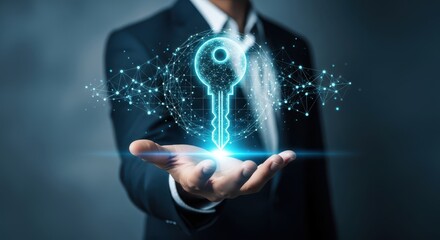 Digital Key Access and Security Concept with Businessman Holding Glowing Key Icon in Hand