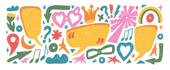 Fototapeta premium Colorful crayon text boxes with irregular figures. Speech bubble funky shape quotation frame box, arrow, stars. Playful callout clouds with marks dialog ideas. Hand drawn vector illustration isolated.