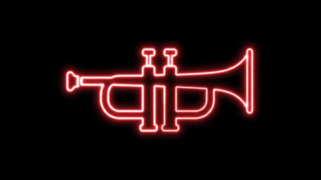 Neon outline of a trumpet with a notification icon on a black background