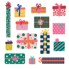 Colorful hand-drawn gift box set with ribbons, bows, and festive patterns. Cute vector illustration for holiday designs, stickers, greeting cards, wrapping paper, posters, and seasonal projects.