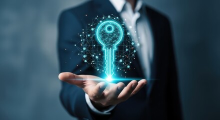 Digital Key Access and Security Concept with Businessman Holding Glowing Key Icon in Hand