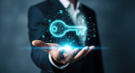 Digital Key Access and Security Concept with Businessman Holding Glowing Key Icon in Hand