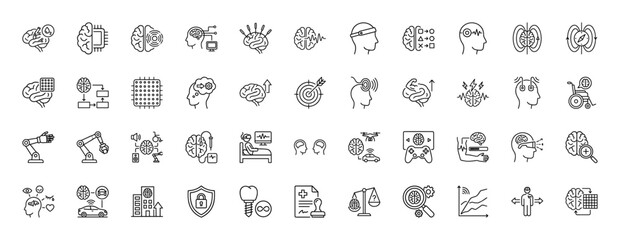 Neuroscience and technology line icon set. vector pictograms of brain, robotic arm, chip, and mind control, thin linear illustration.