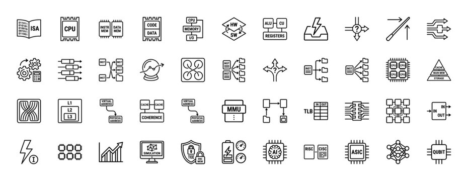 Computer science and technology line icon set. Vector pictograms of cpu, memory, isa, cache, mmu, and qubit, thin linear illustration.