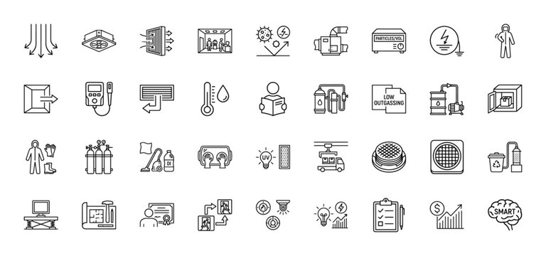 Industrial hvac and clean room technology line icon set. Vector pictograms of air filtration, low outgassing, uv light, and particle counter, thin linear illustration.
