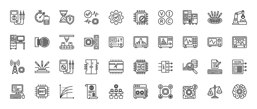 Electronics and semiconductor testing line icon set. Vector pictograms of voltmeter, oscilloscope, wafer, circuit board, and automation, thin linear illustration.