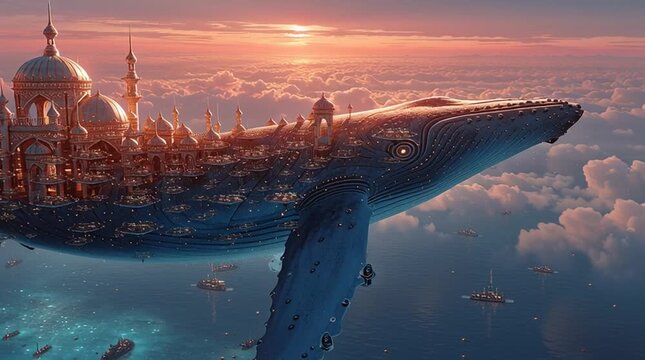 Epic cinematic shot of a colossal ancient whale emerging from stormy ocean waters, dramatic lighting highlighting its massive scale, evoking awe, mystery, and the majesty of prehistoric marine life.