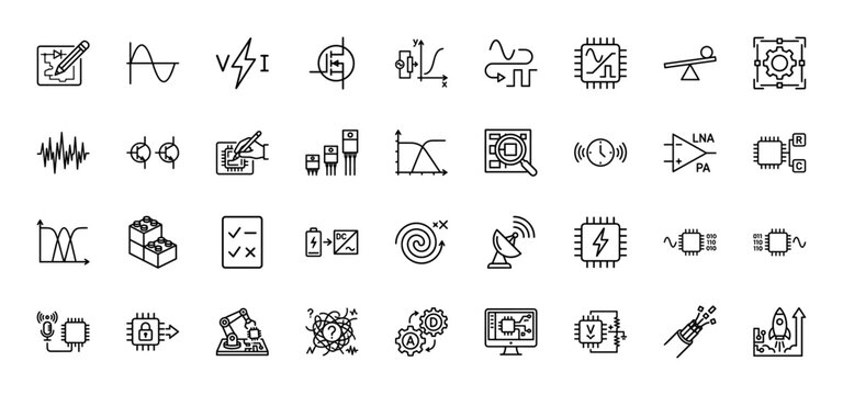 Electronics and electrical engineering line icon set. Vector pictograms of circuit design, signals, semiconductor components, and chips, thin linear illustration.