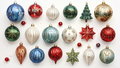 Grid of colorful Christmas ornaments on white background, featuring baubles, stars, snowflakes, and festive shapes.