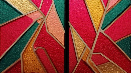 Close-up of a colorful stained glass window with geometric patterns. The design features various shapes and vibrant colors.