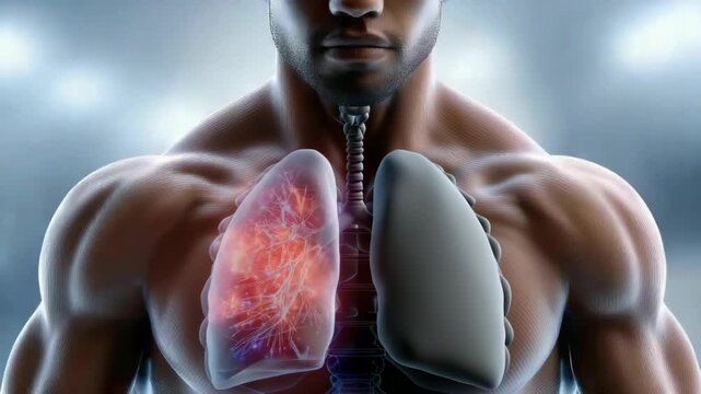 Anatomically correct medical animation of a man's lungs. Highlighting inflammation and constriction of the airways. Representing a respiratory disease like asthma or bronchitis with a 360 degree view
