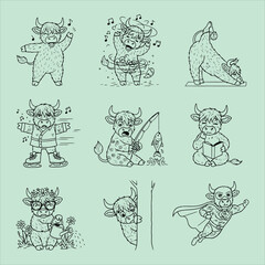 Obraz premium Cute cartoon ox character set line art
