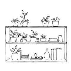 Black ink-style linear artwork displaying a tidy shelf unit with clean lines and minimal ornamentation, filled with an assortment of potted greenery featuring varying leaf shapes and sizes, stacks of 