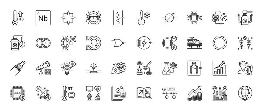 Superconductivity and advanced technology line icon set. Vector pictograms of high-temperature superconductor, cryogenic cooling, and quantum computing, thin linear illustration.