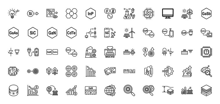 Semiconductor and optoelectronics line icon set. Vector pictograms of silicon, gaas, gan, sic, mbe, mocvd, solar, 5g, and microchip, thin linear illustration.