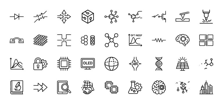 Nanotechnology and quantum computing line icon set. Vector pictograms of diode, resistor, transistors, brain chip, solar cell, and graphene, thin linear illustration.