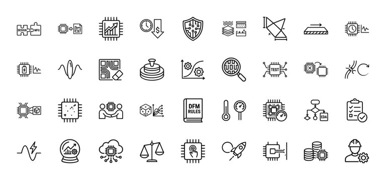 Semiconductor design and manufacturing line icon set. Vector pictograms of chip design, testing, yield, and electronic design automation, thin linear illustration.