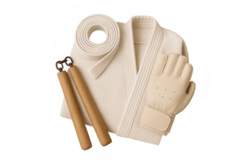 Karate uniform, nunchaku, belt and glove on transparent background