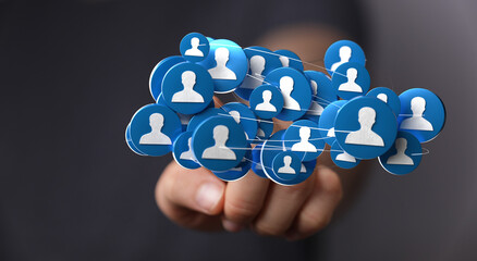 Hand holding digital network icons, representing online communities and social connections. Perfect for illustrating teamwork and communication.