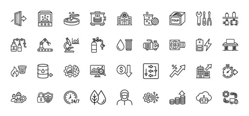 Industrial manufacturing and semiconductor technology line icon set. Vector pictograms of clean room, robotics, factory, and financial analysis, thin linear illustration.