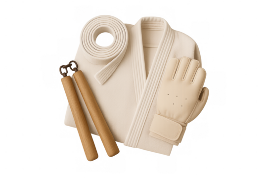 Karate uniform, nunchaku, belt and glove on transparent background