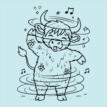 Vector illustration of a happy cow dancing in water with music notes