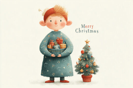 AI-generated Christmas postcard illustration of an elf holding gifts