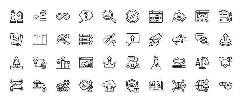 Business and strategy line icon set. Vector pictograms of teamwork, marketing, growth, agility, and project management, thin linear illustration.