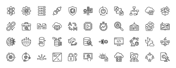 Fototapeta premium Technology and data processing line icon set. Vector pictograms of software development, security, hosting, and machine learning, thin linear illustration.