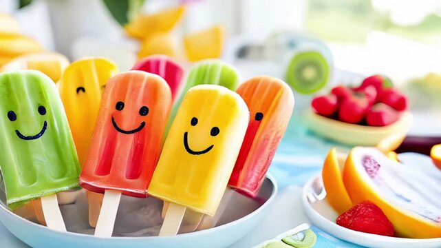 Smiling fruit popsicles in vibrant summer colors for refreshing fun