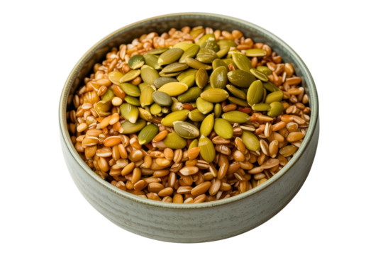 Bowl of cooked wheat grains topped with green pumpkin seeds isolated with transparent background
