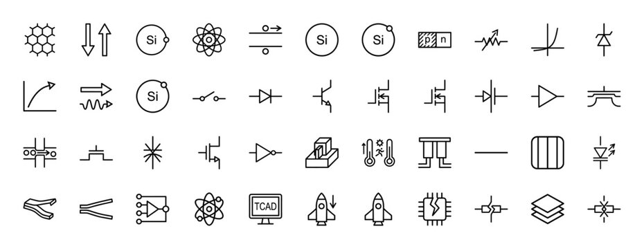 Semiconductor and electronic components line icon set. Vector pictograms of diodes, transistors, switches, and chips, thin linear illustration.