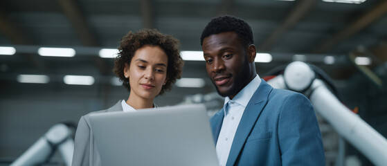 Business Professionals Collaborating with Laptop in Modern Factory