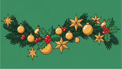Decorative Christmas garland with golden ornaments and holly berries on a green background