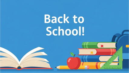 Get ready for the new academic year with essential school supplies, books, and educational tools on a vibrant blue background