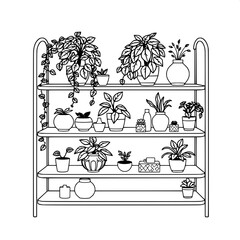 Crisp line-art illustration of a three-tier shelving system with smooth rounded edges and a minimalist metal frame, adorned with a variety of lush indoor plants with delicate leaves and vibrant green 