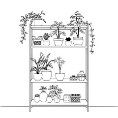 Crisp line-art illustration of a three-tier shelving system with smooth rounded edges and a minimalist metal frame, adorned with a variety of lush indoor plants with delicate leaves and vibrant green 